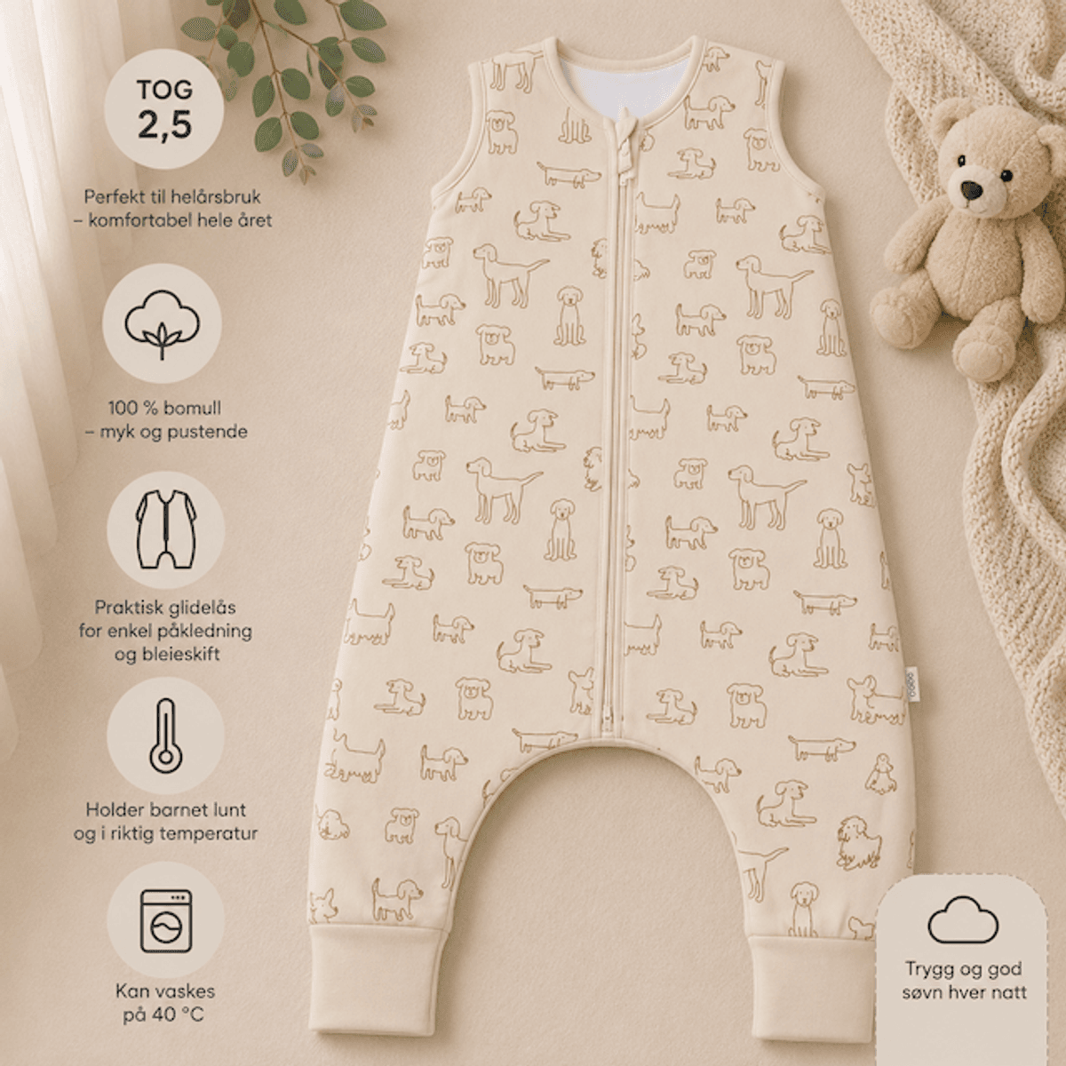 Fillikid | Helårs nattpose med ben | Str. 92 | Hund Beige