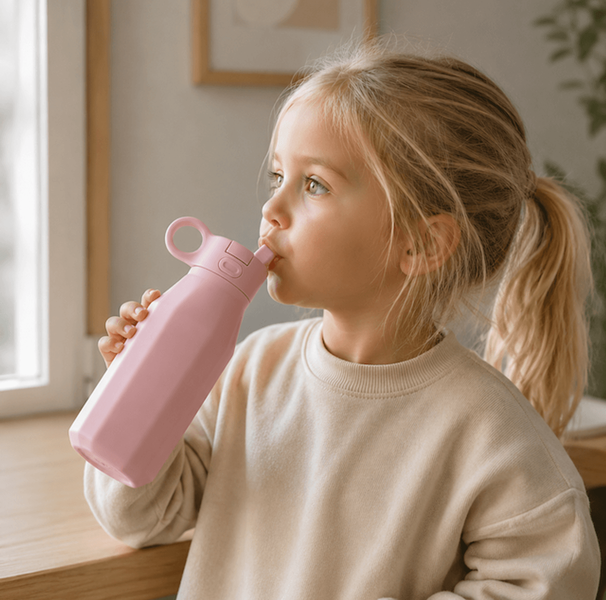 Troller Kids| Silikonflaske m/sugerør | Rosa